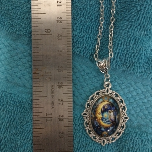 Silvertone Moon and Owl Star Pendant Necklace blue yellow night - Picture 2 of 4